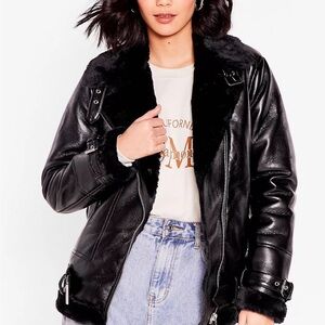 NastyGal See You Aviator High Shine Faux Leather Jacket